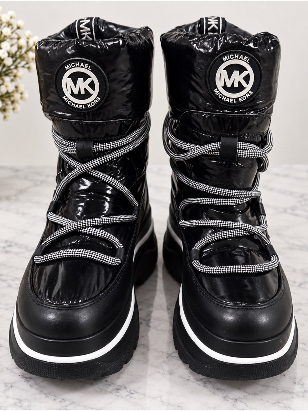 Michael Kors Black Quilted Lace-Up Platform Winter Boots